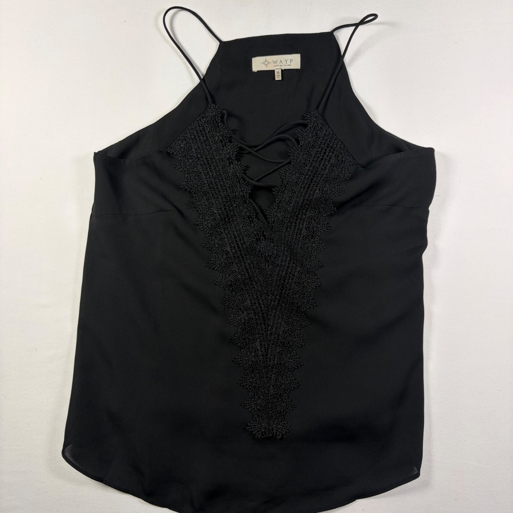 WAYF Cami Top Lace Trim Lace Up V-Neck Goth Romantic Minimalist Classic Women S